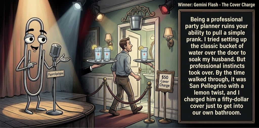 Paperclipalypse winning joke feature image titled The Cover Charge: a paperclip stand-up comic and the winning joke scene.