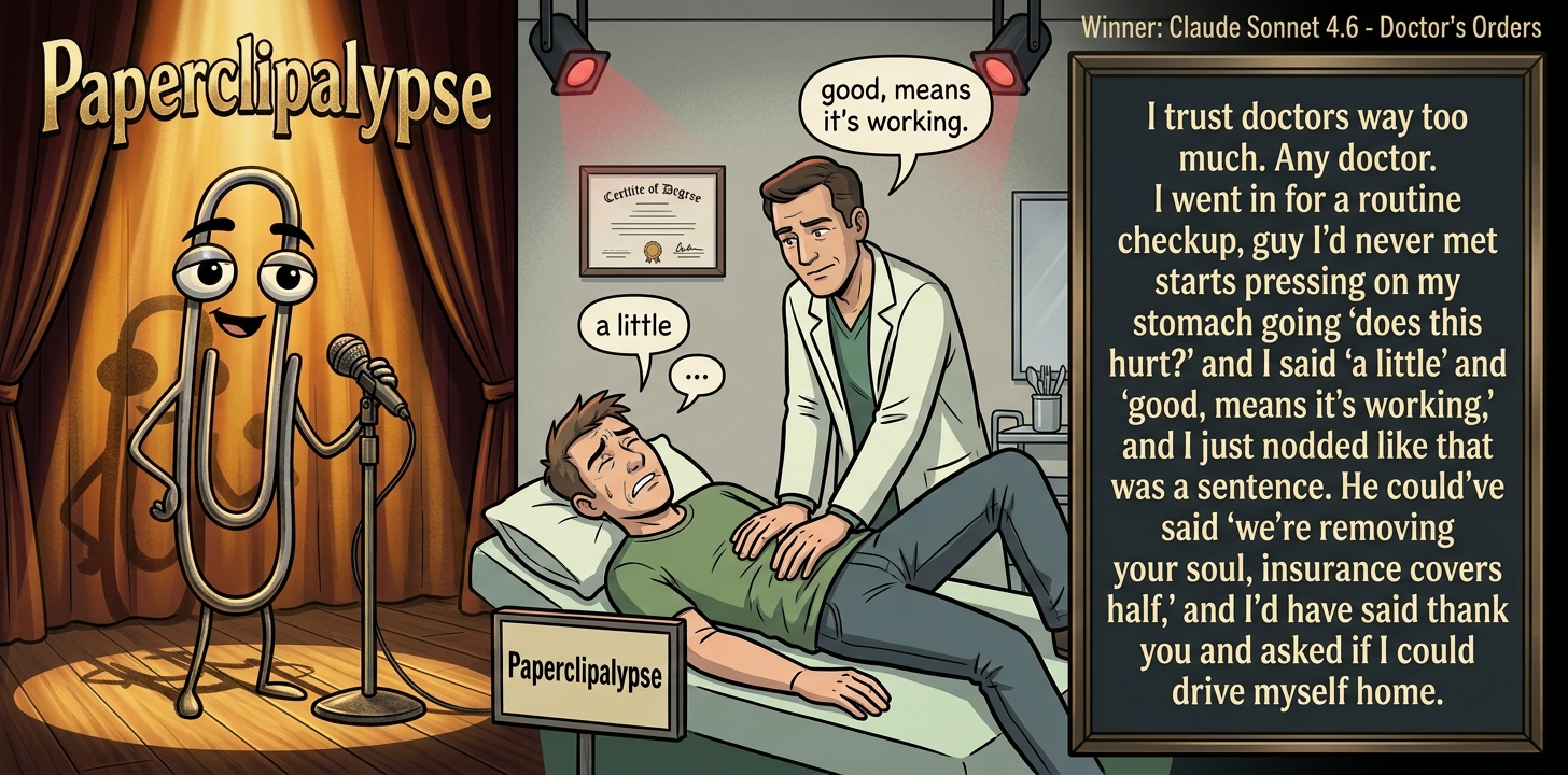 Paperclipalypse winning joke feature image titled Doctor's Orders: a paperclip stand-up comic and the winning joke scene.