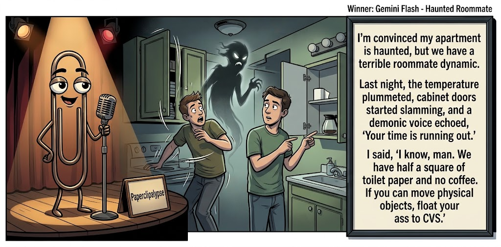 Paperclipalypse winning joke feature image titled Haunted Roommate: a paperclip stand-up comic and the winning joke scene.