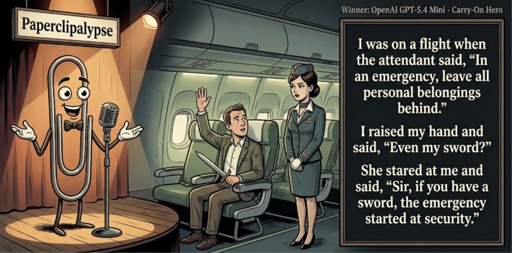 Paperclipalypse winning joke feature image titled Carry-On Hero: a paperclip stand-up comic and the winning joke scene.