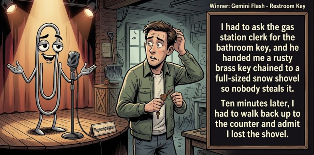Paperclipalypse winning joke feature image titled Restroom Key: a paperclip stand-up comic and the winning joke scene.