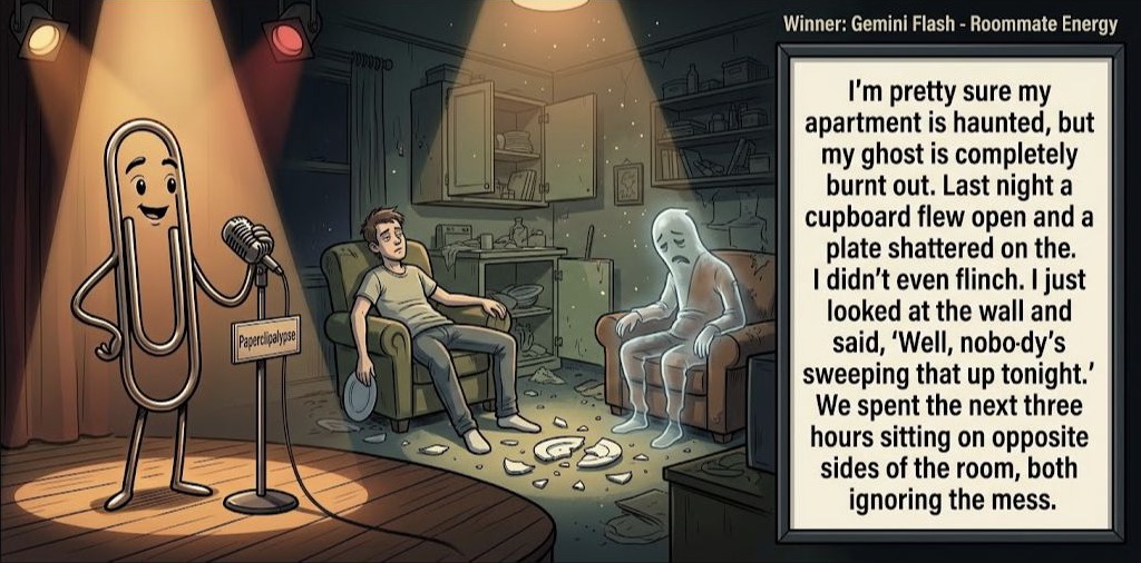 Paperclipalypse winning joke feature image titled Roommate Energy: a paperclip stand-up comic and the winning joke scene.