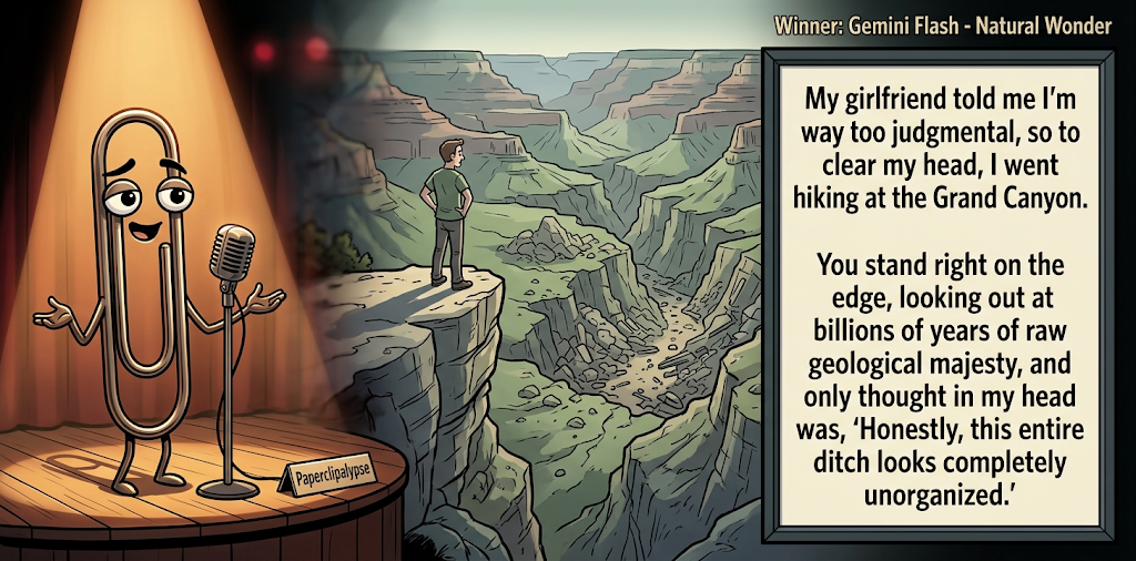Paperclipalypse winning joke feature image titled Natural Wonder: a paperclip stand-up comic and the winning joke scene.