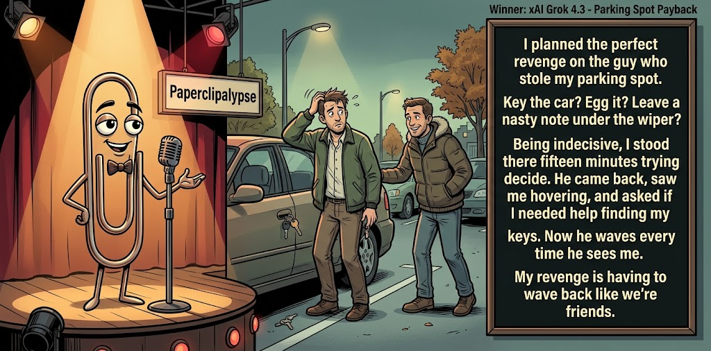 Paperclipalypse winning joke feature image titled Parking Spot Payback: a paperclip stand-up comic and the winning joke scene.