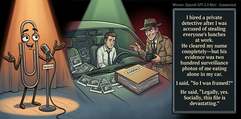 Paperclipalypse winning joke feature image titled Exonerated: a paperclip stand-up comic and the winning joke scene.