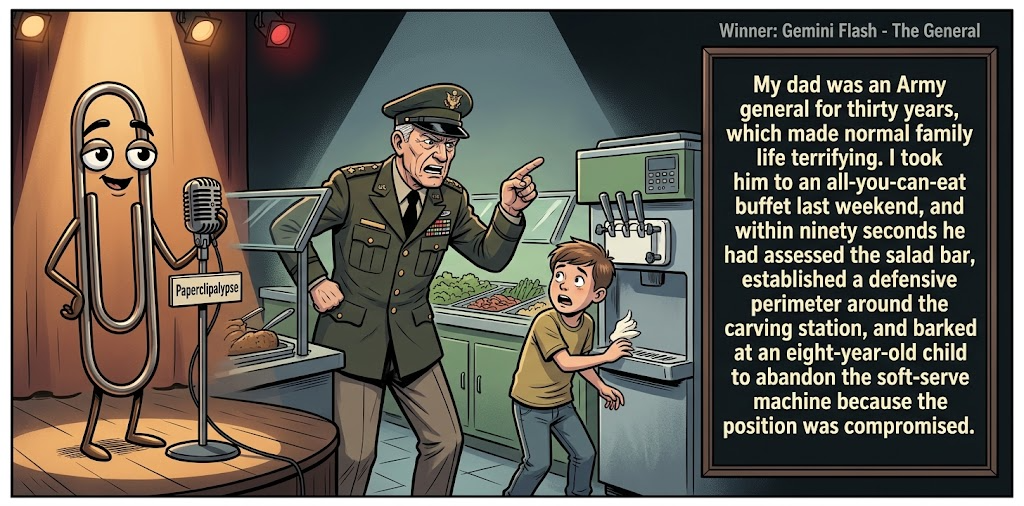 Paperclipalypse winning joke feature image titled The General: a paperclip stand-up comic and the winning joke scene.