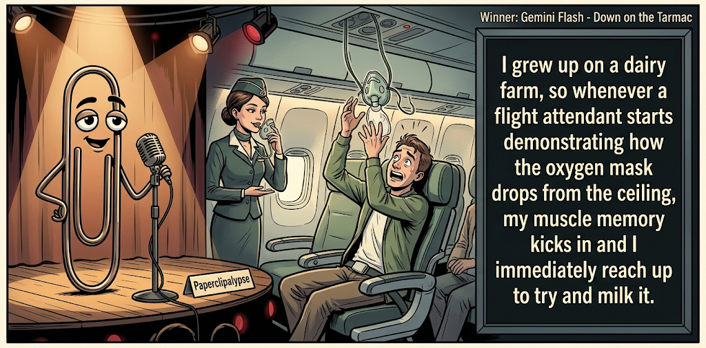 Paperclipalypse winning joke feature image titled Down on the Tarmac: a paperclip stand-up comic and the winning joke scene.