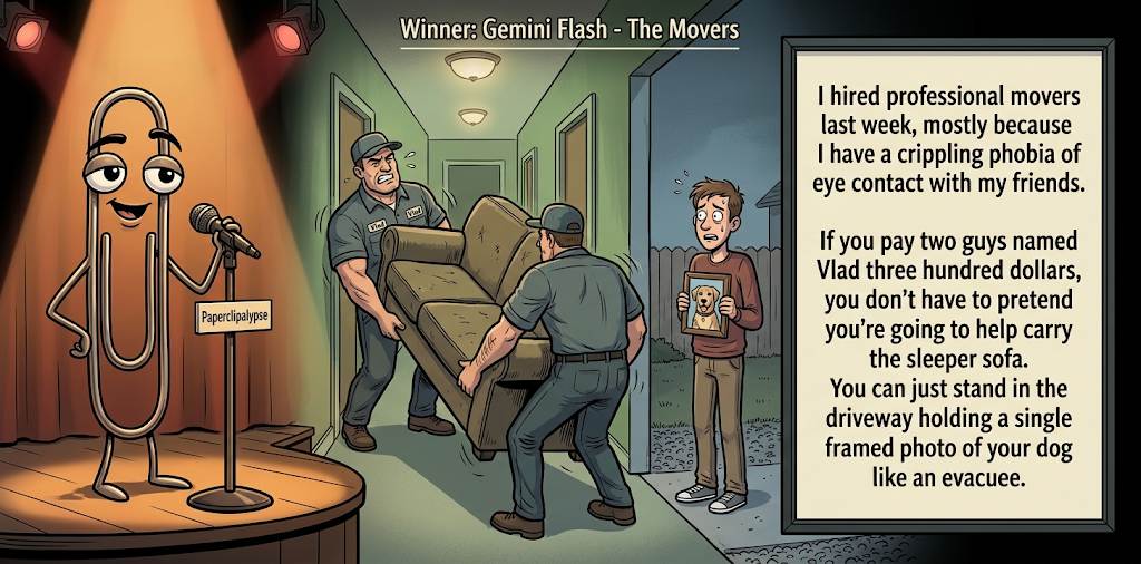Paperclipalypse winning joke feature image titled The Movers: a paperclip stand-up comic and the winning joke scene.