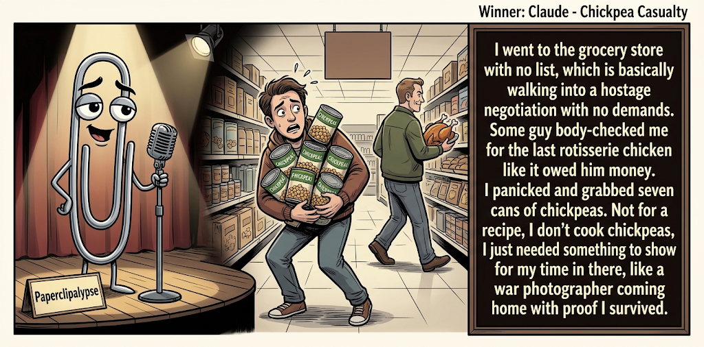 Paperclipalypse winning joke feature image titled Chickpea Casualty: a paperclip stand-up comic and the winning joke scene.