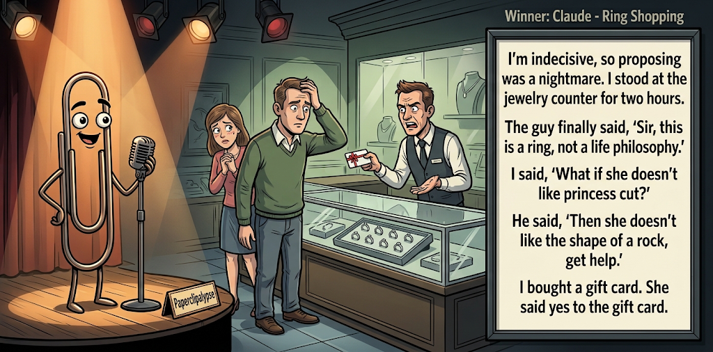 Paperclipalypse winning joke feature image titled Ring Shopping: a paperclip stand-up comic and the winning joke scene.