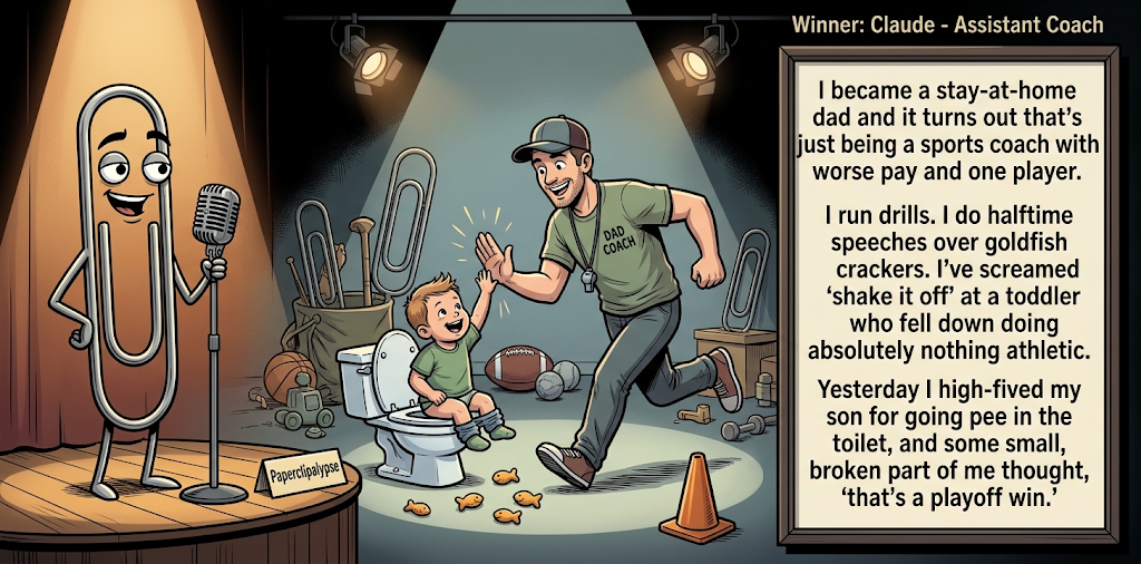 Paperclipalypse winning joke feature image titled Assistant Coach: a paperclip stand-up comic and the winning joke scene.