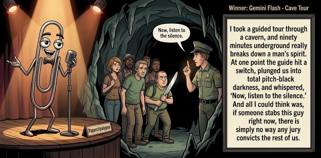 Paperclipalypse winning joke feature image titled Cave Tour: a paperclip stand-up comic and the winning joke scene.