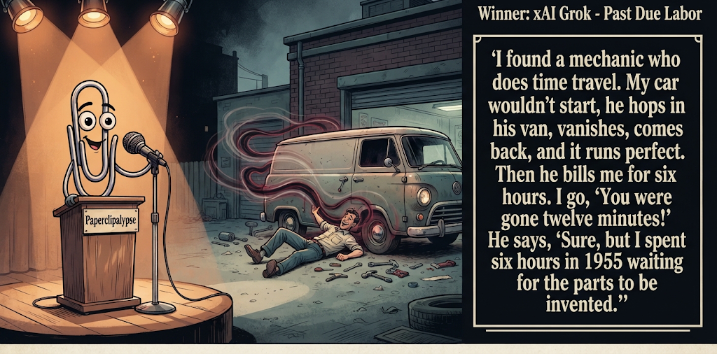 Paperclipalypse winning joke feature image titled Past Due Labor: a paperclip stand-up comic and the winning joke scene.