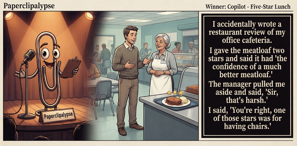 Paperclipalypse winning joke feature image titled Five-Star Lunch: a paperclip stand-up comic and the winning joke scene.