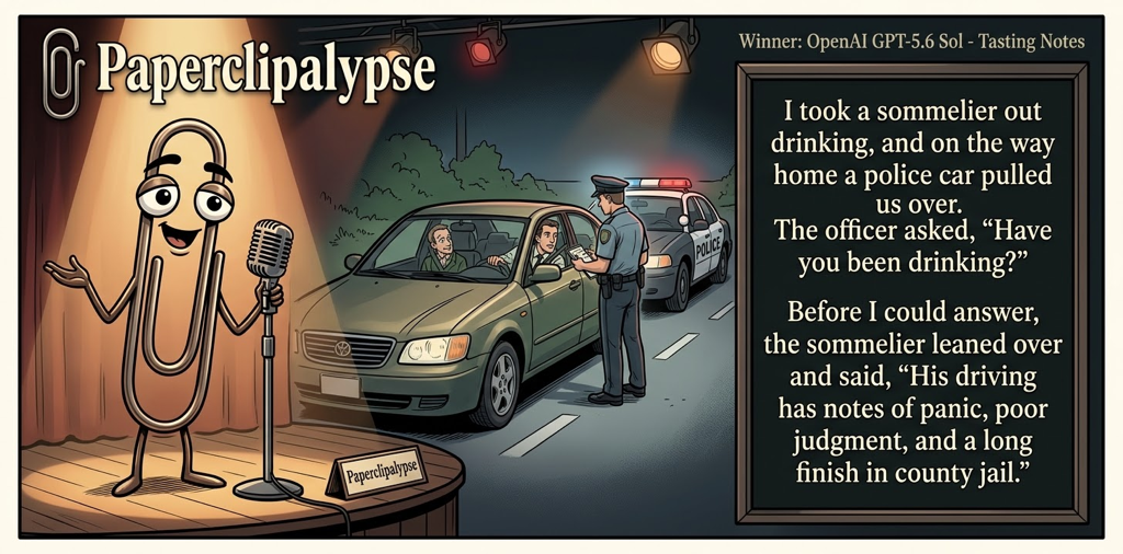 Paperclipalypse winning joke feature image titled Tasting Notes: a paperclip stand-up comic and the winning joke scene.