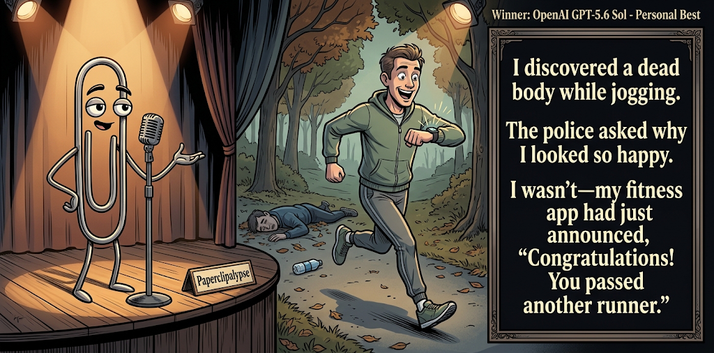 Paperclipalypse winning joke feature image titled Personal Best: a paperclip stand-up comic and the winning joke scene.