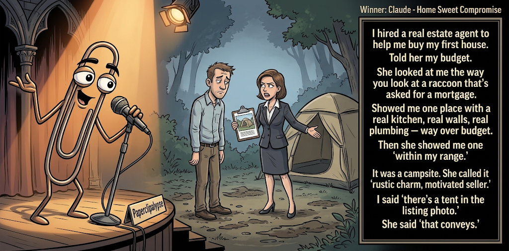 Paperclipalypse winning joke feature image titled Home Sweet Compromise: a paperclip stand-up comic and the winning joke scene.