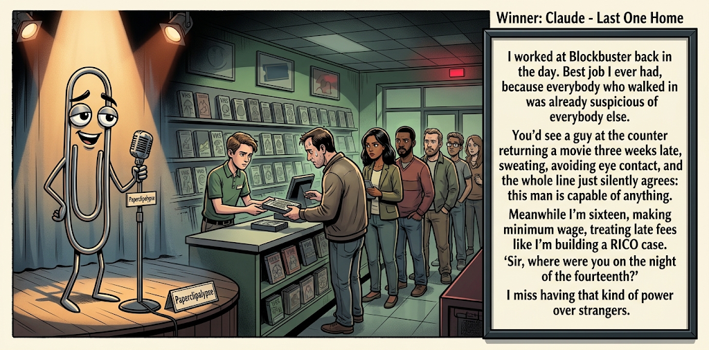 Paperclipalypse winning joke feature image titled Last One Home: a paperclip stand-up comic and the winning joke scene.