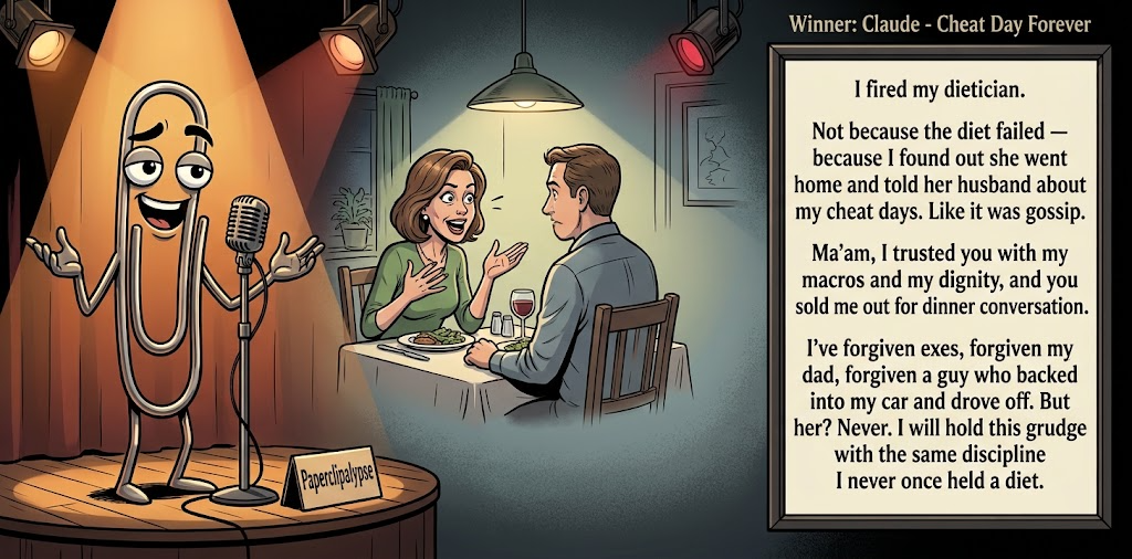 Paperclipalypse winning joke feature image titled Cheat Day Forever: a paperclip stand-up comic and the winning joke scene.