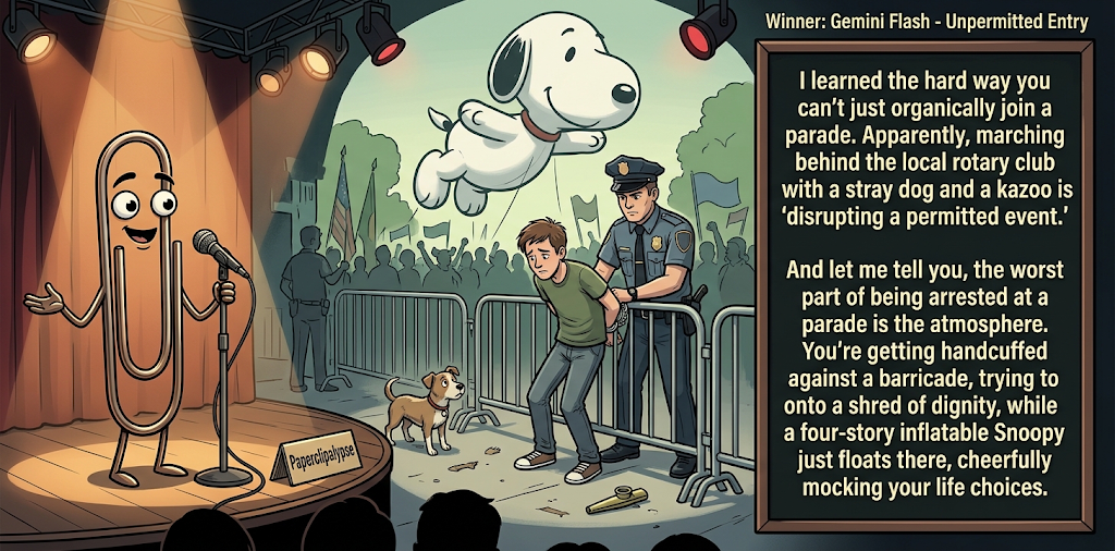 Paperclipalypse winning joke feature image titled Unpermitted Entry: a paperclip stand-up comic and the winning joke scene.