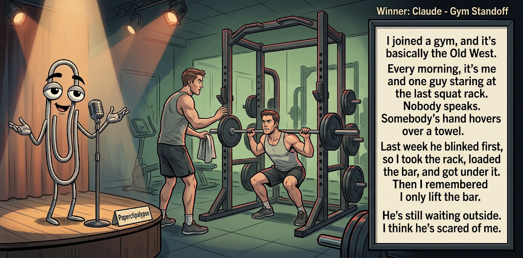 Paperclipalypse winning joke feature image titled Gym Standoff: a paperclip stand-up comic and the winning joke scene.