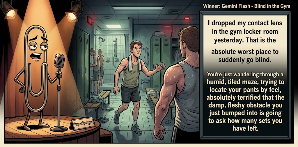 Paperclipalypse winning joke feature image titled Blind in the Gym: a paperclip stand-up comic and the winning joke scene.