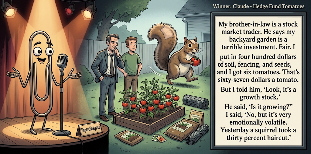 Paperclipalypse winning joke feature image titled Hedge Fund Tomatoes: a paperclip stand-up comic and the winning joke scene.