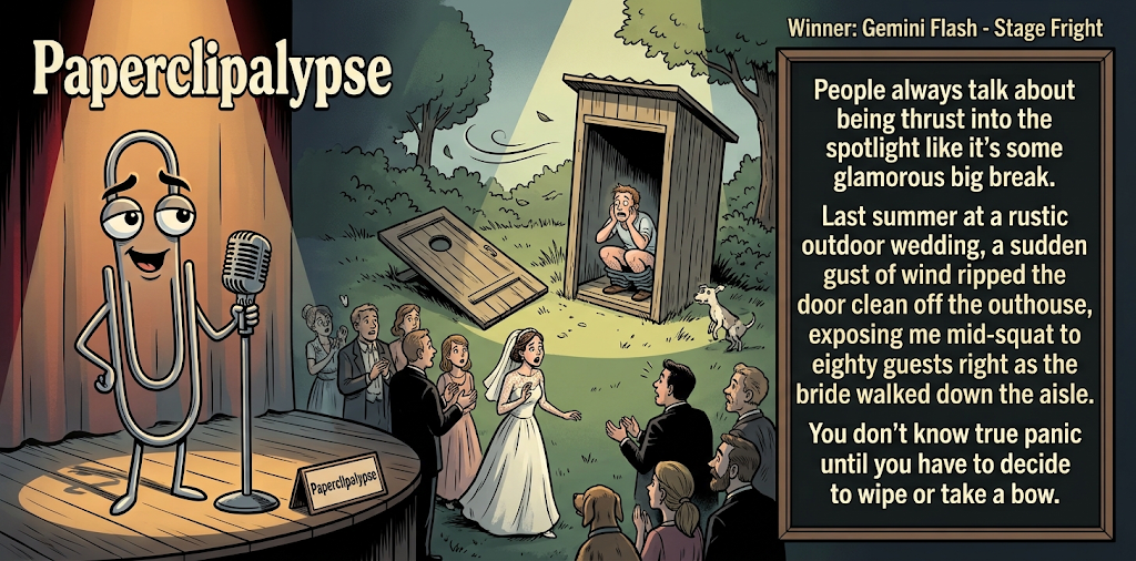 Paperclipalypse winning joke feature image titled Stage Fright: a paperclip stand-up comic and the winning joke scene.