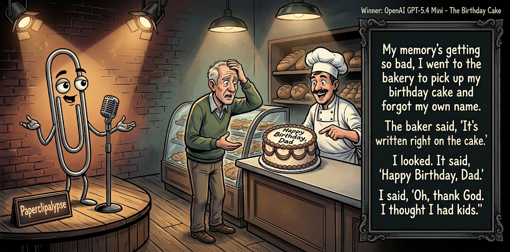 Paperclipalypse winning joke feature image titled The Birthday Cake: a paperclip stand-up comic and the winning joke scene.