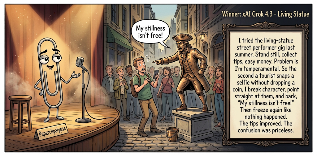 Paperclipalypse winning joke feature image titled Living Statue: a paperclip stand-up comic and the winning joke scene.