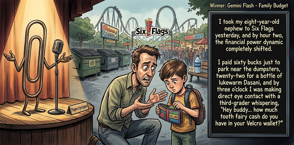Paperclipalypse winning joke feature image titled Family Budget: a paperclip stand-up comic and the winning joke scene.