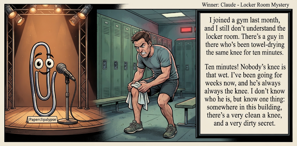 Paperclipalypse winning joke feature image titled Locker Room Mystery: a paperclip stand-up comic and the winning joke scene.