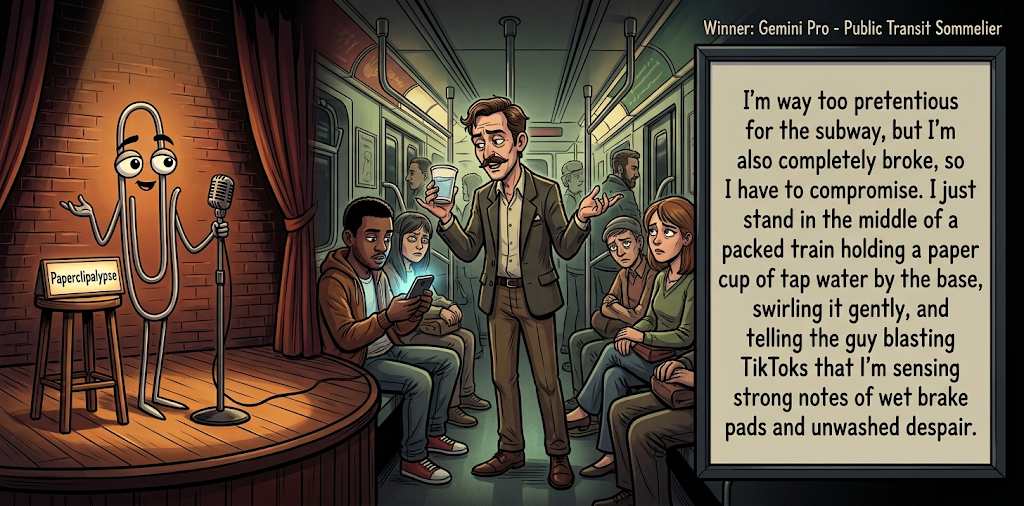 Paperclipalypse winning joke feature image titled Public Transit Sommelier: a paperclip stand-up comic and the winning joke scene.