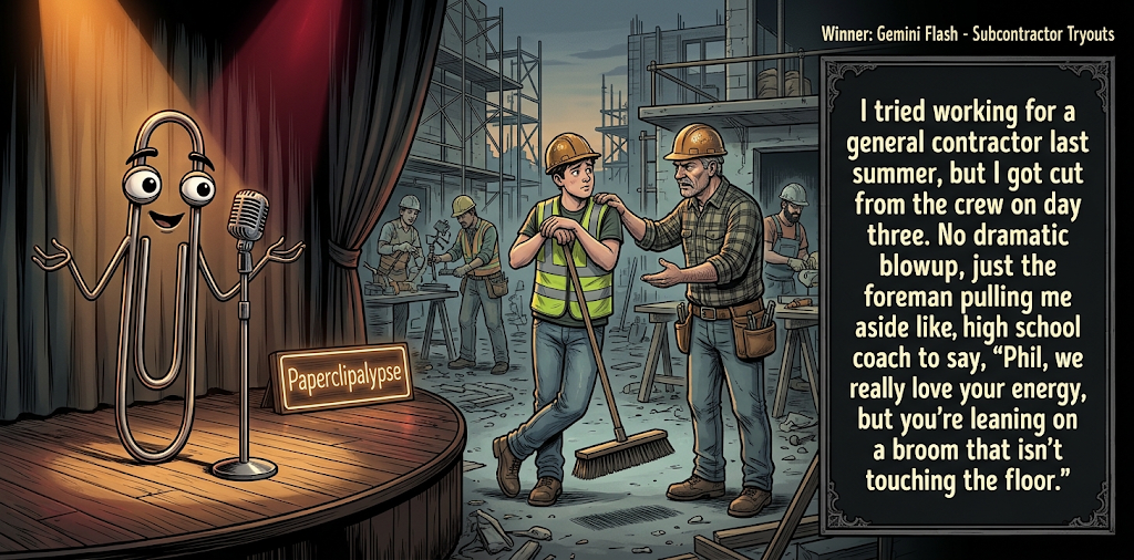 Paperclipalypse winning joke feature image titled Subcontractor Tryouts: a paperclip stand-up comic and the winning joke scene.