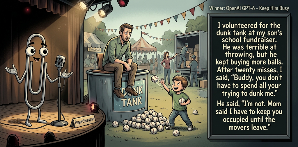Paperclipalypse winning joke feature image titled Keep Him Busy: a paperclip stand-up comic and the winning joke scene.