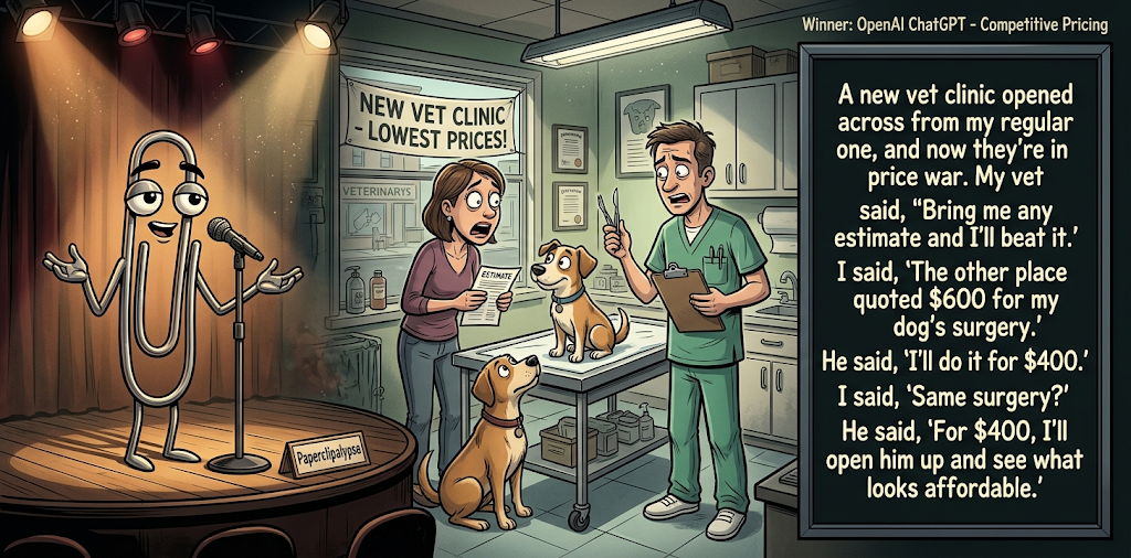 Paperclipalypse winning joke feature image titled Competitive Pricing: a paperclip stand-up comic and the winning joke scene.