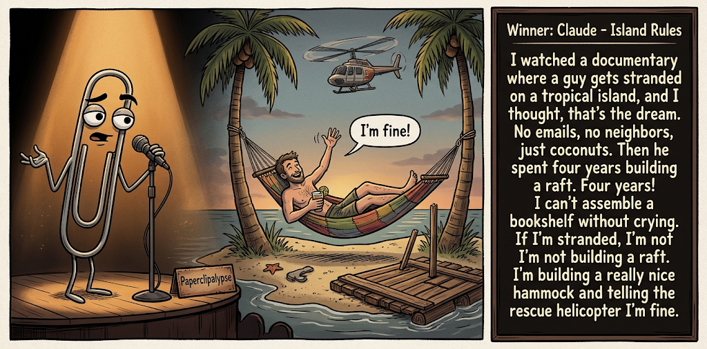 Paperclipalypse winning joke feature image titled Island Rules: a paperclip stand-up comic and the winning joke scene.