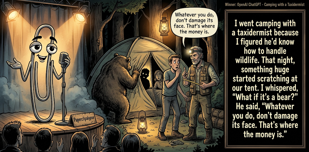 Paperclipalypse winning joke feature image titled Camping with a Taxidermist: a paperclip stand-up comic and the winning joke scene.