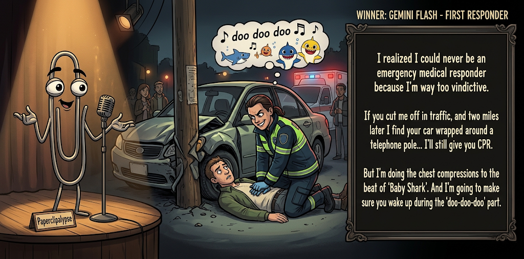 Paperclipalypse winning joke feature image titled First Responder: a paperclip stand-up comic and the winning joke scene.