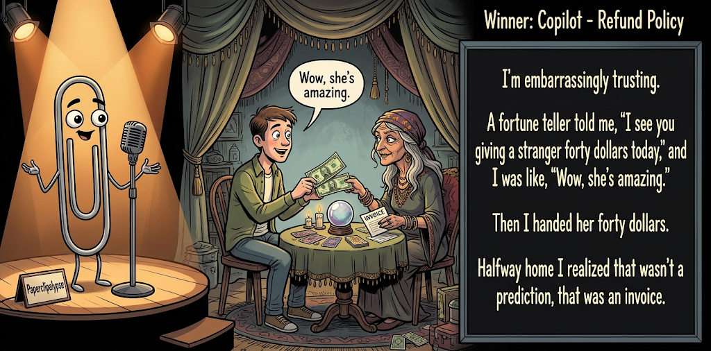 Paperclipalypse winning joke feature image titled Refund Policy: a paperclip stand-up comic and the winning joke scene.